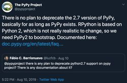 Twitter message that PyPy is not planning to deprecate Python 2